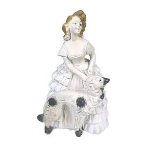 Vintage 1940 Carnival Chalkware Plaster Statue Redhead Woman Dog Unique Figurine